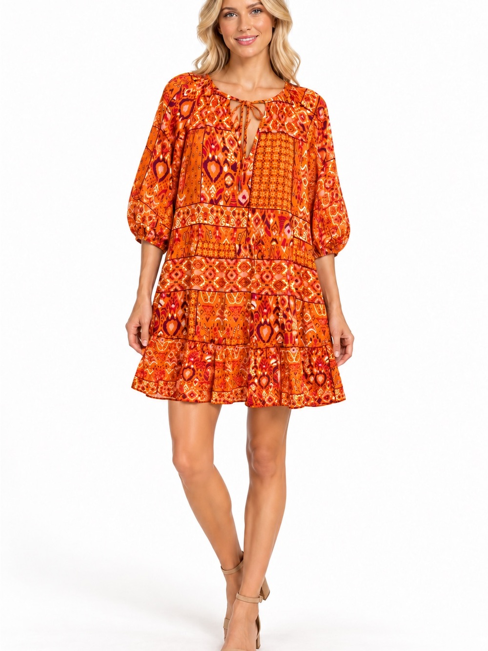 Entro NWT Size Medium Boho Orange Printed Tiered Mini Dress